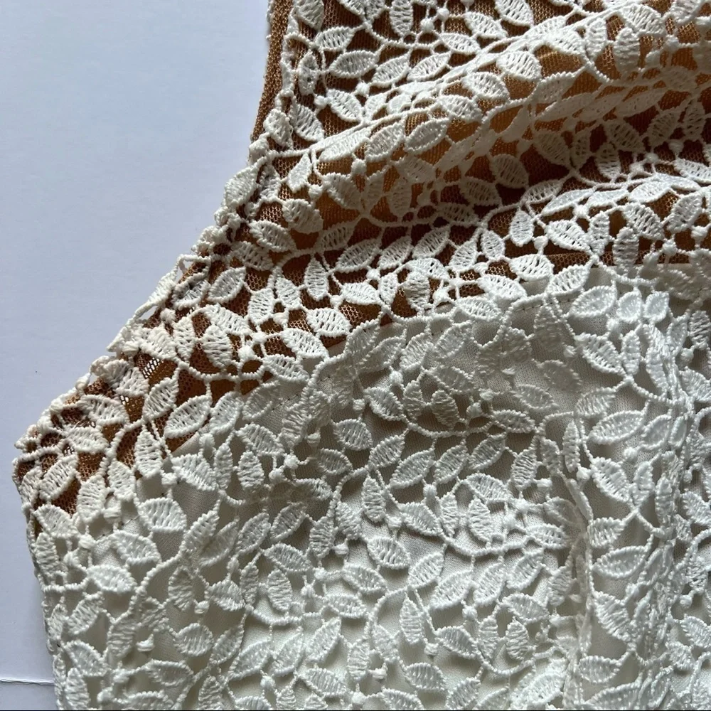 Lauren Ralph Lauren Dress Floral Lace Yoke Midi in White & Wheat Sz 2 - Picture 5 of 10